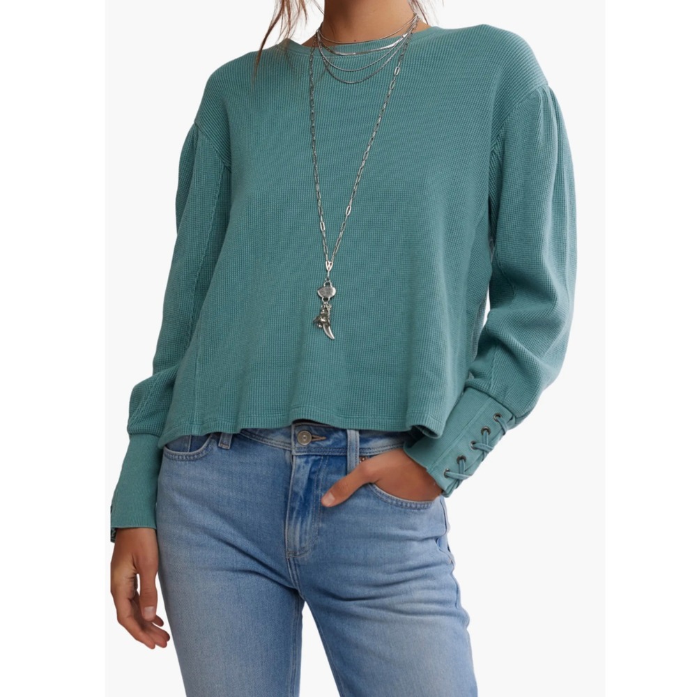 Free People We The Free Waffle Knit Thermal Top Sweater Lapis Lace Up Cuff SizeM